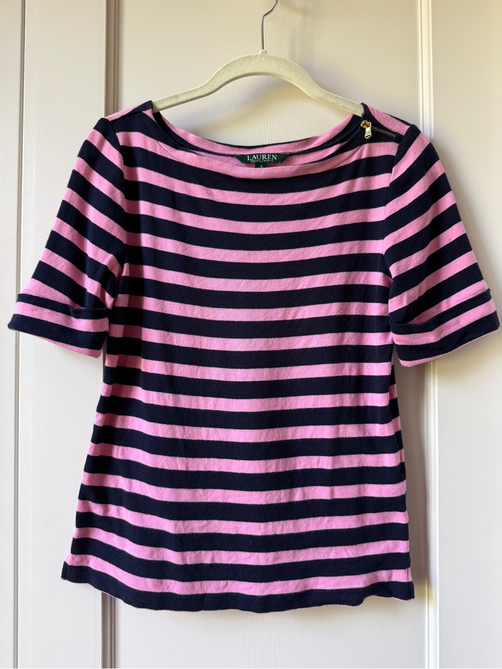 Ralph Lauren Pink and Navy Striped Short-Sleeve Boatneck Top